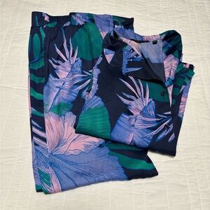 IMAN Global Tropical Palm Pink Blue Green Wide Leg Lounge Pants Set - Small